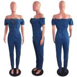Plus Size Off Shoulder Bnadage Sexy Denim Jumpsuit LX-6894