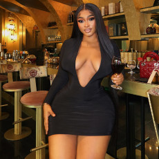Deep V Neck Long Sleeve Mini Dress GJYO-303730