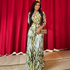 Long Sleeve Ruched Print Maxi Dress GJYO-919155