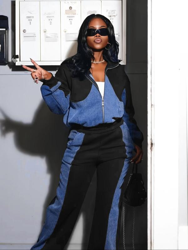 Denim Patchwork Coat And Pants Two Piece Set SH-391297