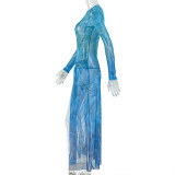 Long Sleeve Print Color Block Split Maxi Dress GJYO-303855