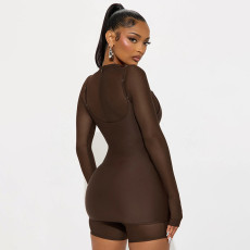 Mesh Patchwork Long Sleeve Romper+Sling Dress 2 Piece Set GSZM-C25ST267