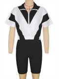 Contrast Color Zipper Tops+Shorts Sport Two Piece Set SH-391401