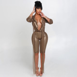 Solid Color Tie Up Tops Tight Fifth Pants Two Piece Set GSBD-J25ST338