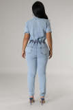 Fashion Washed Drawstring Tie Up Denim Jumpsuit LX-3560