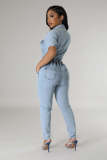 Fashion Washed Drawstring Tie Up Denim Jumpsuit LX-3560