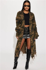 Camouflage Print Holes Long Trench Coat SH-391323