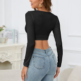 V Neck Long Sleeve Crop Top YMYF-9318
