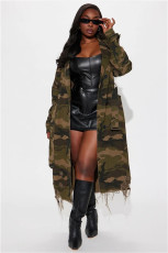 Camouflage Print Holes Long Trench Coat SH-391323
