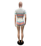 Stripe Knits Two Piece Shorts Set QXTF-83028