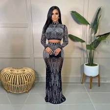 Hot Drill Long Sleeve Two Piece Skirts Set SH-390227