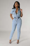 Fashion Washed Drawstring Tie Up Denim Jumpsuit LX-3560