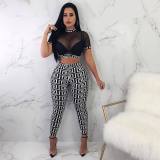 Mesh Print Short Sleeve Two Piece Pants Set HMS-5155