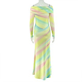 Print Off Shoulder Long Sleeve Maxi Dress GJYO-303655