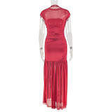 Solid Color Patchwork Ruched Maxi Dress GJYO-303083