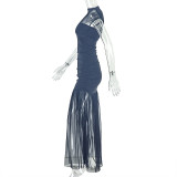Solid Color Patchwork Ruched Maxi Dress GJYO-303083