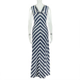 Black White Stripe V Neck Sling Maxi Dress GJYO-303183
