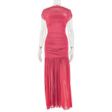 Solid Color Patchwork Ruched Maxi Dress GJYO-303083