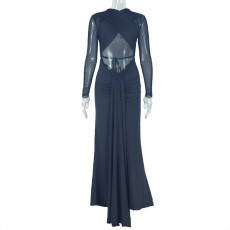 Solid Color Ruched Mesh Maxi Dress GJYO-302259