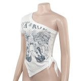 Letter Print Slash Neck Split Tops GAXB-C020TP
