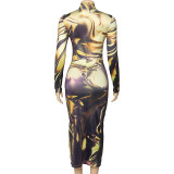 Round Neck Long Sleeve Print Maxi Dress GAXB-A332DS