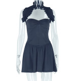 Solid Color Halterneck Pleated Mini Dress GJYO-301797