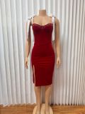 Shoulder Strap Velour Split Midi Dress GADE-8339