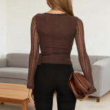 Long Sleeve V Neck Tie Up Tops FL-25337