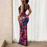 Deep V Neck Lace Patchwork Print Maxi Dress GHYX-5210