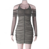 Mesh Halterneck Long Sleeve Mini Dress FL-25420