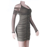 Mesh Halterneck Long Sleeve Mini Dress FL-25420