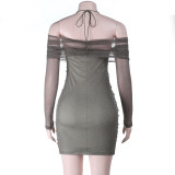 Mesh Halterneck Long Sleeve Mini Dress FL-25420