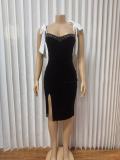 Shoulder Strap Velour Split Midi Dress GADE-8339