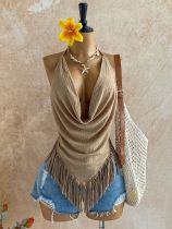 Halterneck Sleeveless Backless Tassel Top GHYX-7015