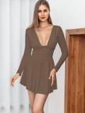 Deep V Neck Long Sleeve Mini Dress YMYF-8901