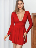 Deep V Neck Long Sleeve Mini Dress YMYF-8901