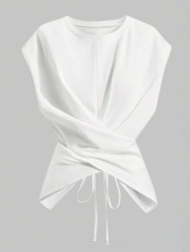 Solid Color Short Sleeve Tie Up T Shirts WAF-77888