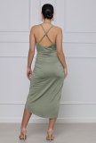 Solid Color Sling V Neck Midi Dress XHXF-257