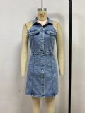 Sleeveless Single Breasted Denim Mini Dress GYAN-89110