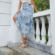 Mesh Floral Patchwork Denim Long Skirt GYAN-061