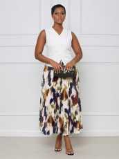 Solid Color Sleeveless Vest Print Pleated Long Skrits Suit GYLY-10928