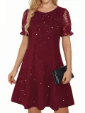 Short Sleeve Sequin Lace Mini Dress GYGE-26026