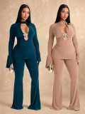 Deep V  Neck Long Sleeve Two Piece Pants Set GZIY-6365