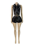 Sleeveless Solid Color Zipper Top Shorts Suit CH-26102