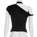 Solid Color Slash Shoulder Haterneck Tops GSBW-J26TP069