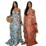 Leaf Print Off Shoulder Sling Maxi Dress SFY-833