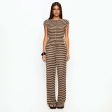 Stripe Print Cardigan Two Piece Pants Set GSBW-J26ST078