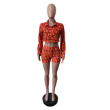 Printed Embroidered Long-Sleeve Shorts Set MEM-88680