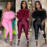 Feather Off Shoulder Backless Two Piece Pants Set YNSF-8025