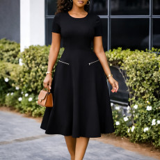 Plus Size Short Sleeve Solid Color Midi Dress GATE-619